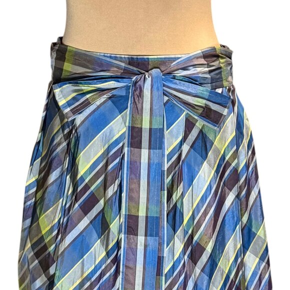 Theory Plaid Knee Length Wrap Skirt Sz 8 100% Silk Taffeta Blue Preppy Career - Picture 7 of 16